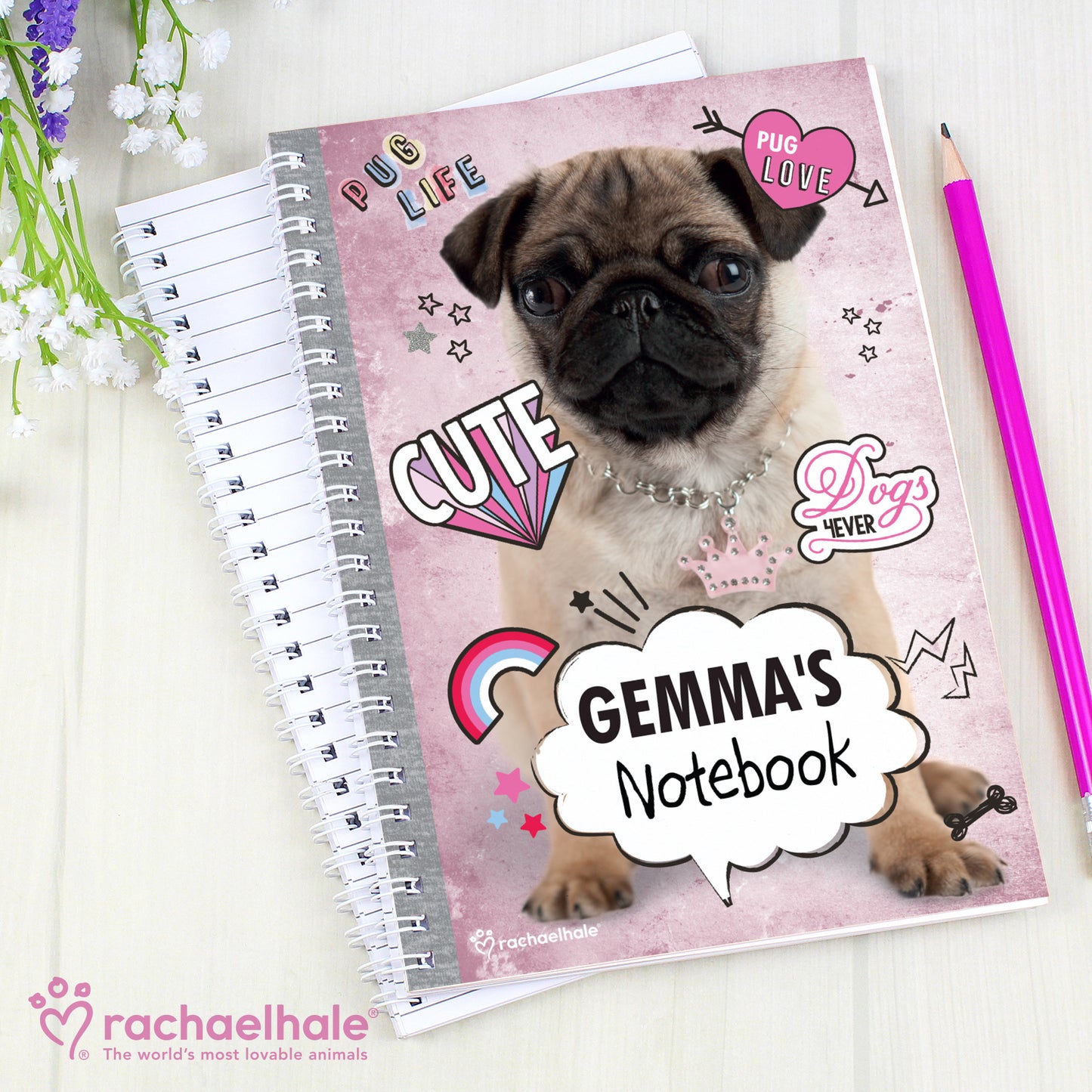 Personalised Rachael Hale Doodle Pug A5 Notebook