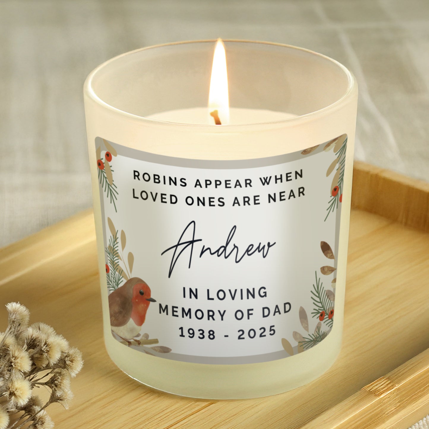 Personalised Robins Appear Memorial Scented Jar Candle