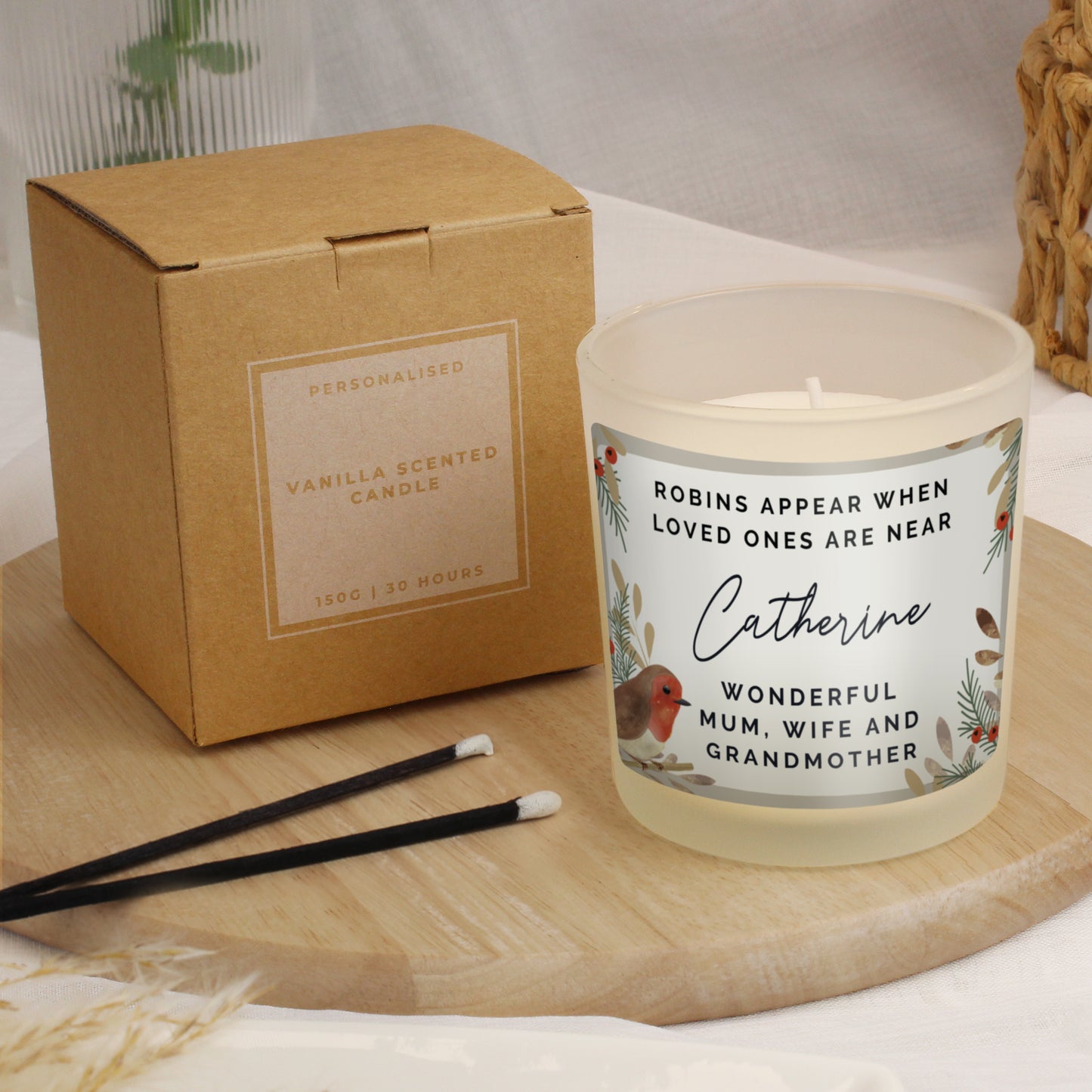 Personalised Robins Appear Memorial Scented Jar Candle