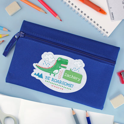 Personalised 'Be Roarsome' Dinosaur Blue Pencil Case