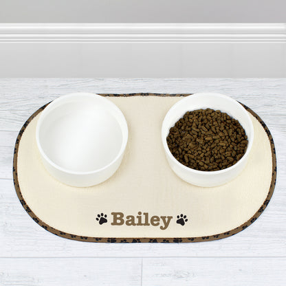 Personalised Brown Microfibre Paw Print Pet Bowl Mat