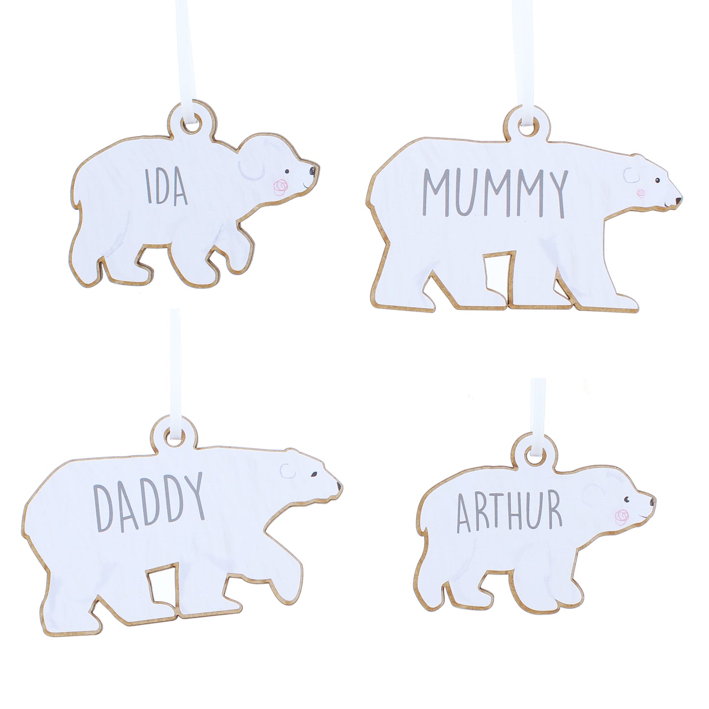 Personalised Set of Four Polar Bear Family Wooden Hanging Decorations