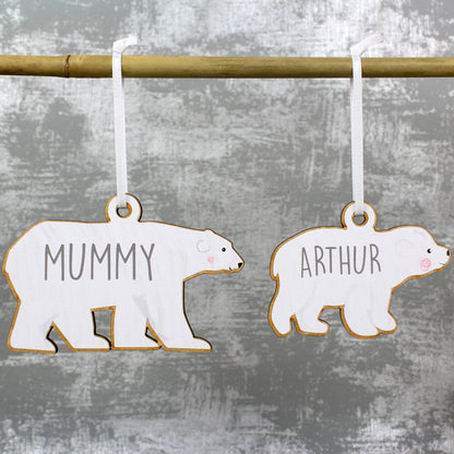 Personalised Set of Four Polar Bear Family Wooden Hanging Decorations