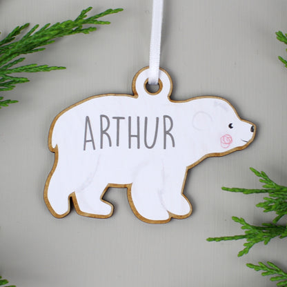 Personalised Set of Four Polar Bear Family Wooden Hanging Decorations