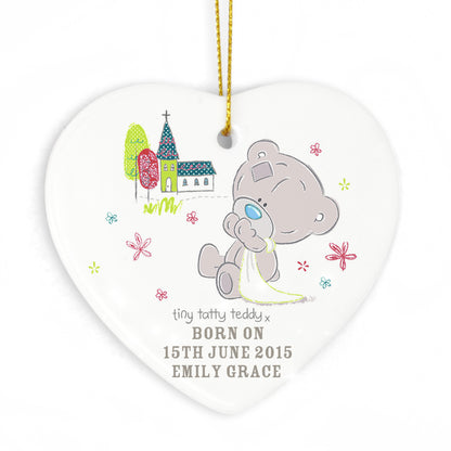 Personalised Tiny Tatty Teddy Christening Ceramic Heart Decoration