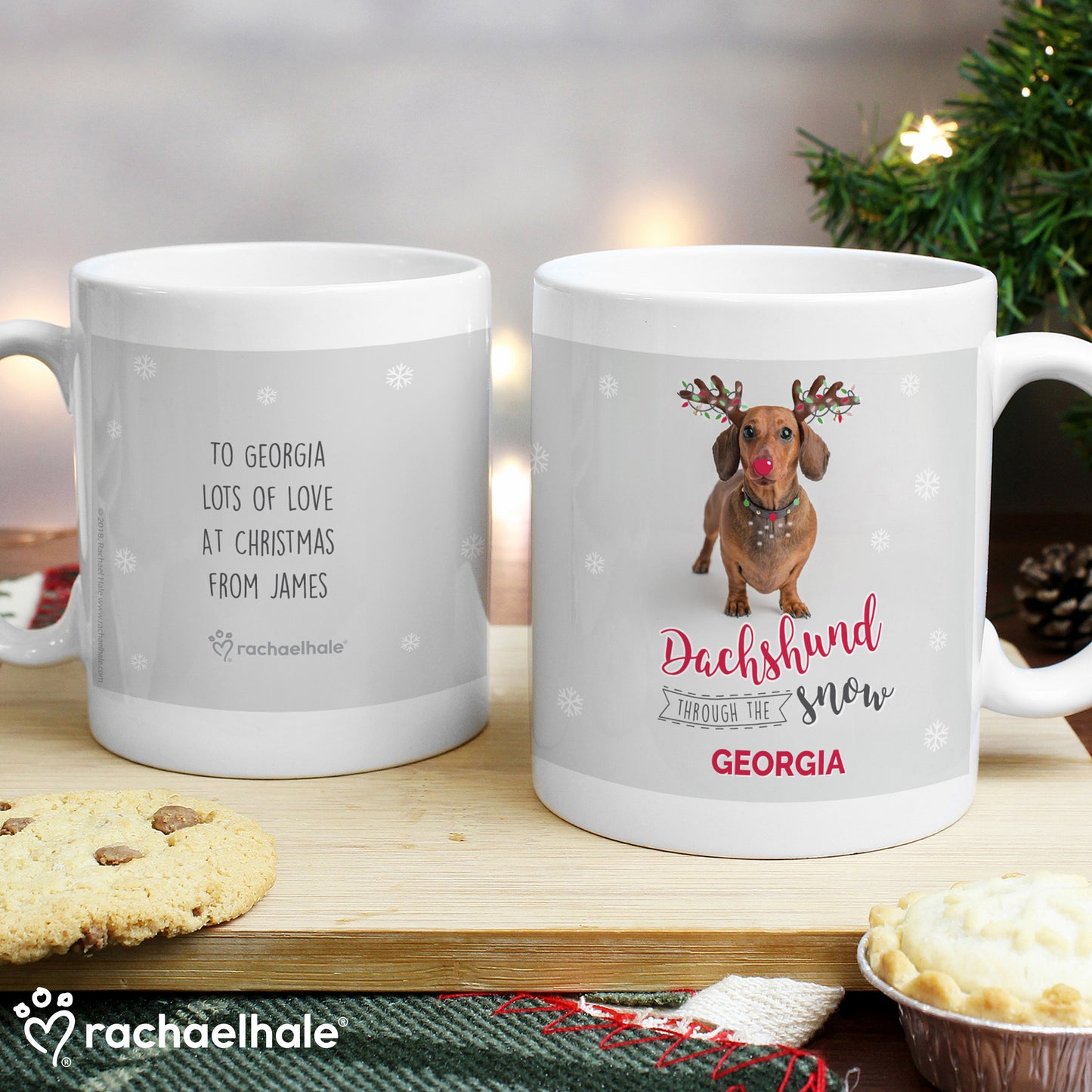 Personalised Rachael Hale Christmas Dachshund Through the Snow Mug