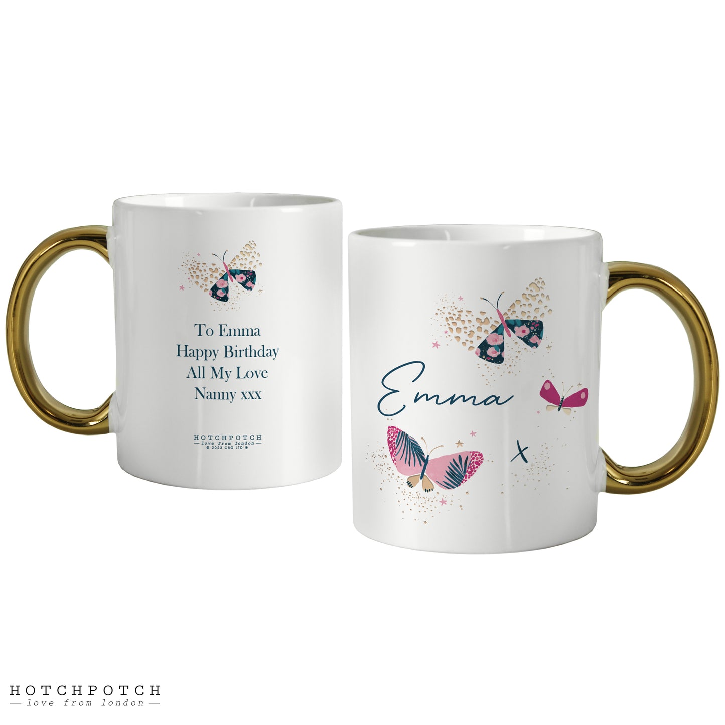 Personalised Hotchpotch Butterfly Gold Handle Mug