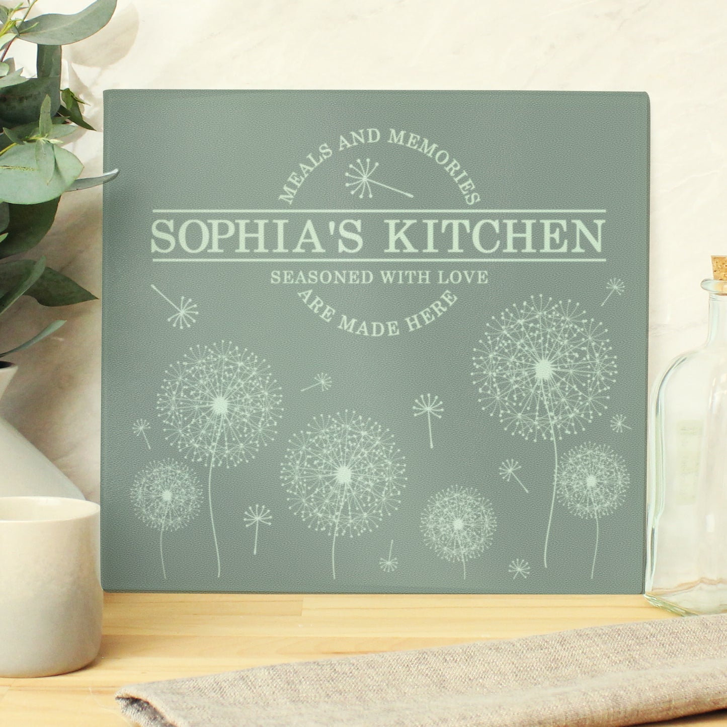 Personalised Dandelion Glass Chopping Board/Worktop Saver