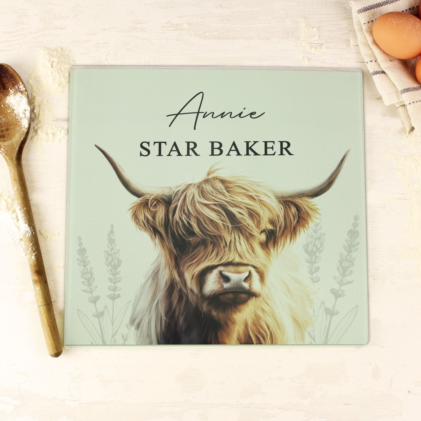 Personalised Highland Cow Glass Chopping Board