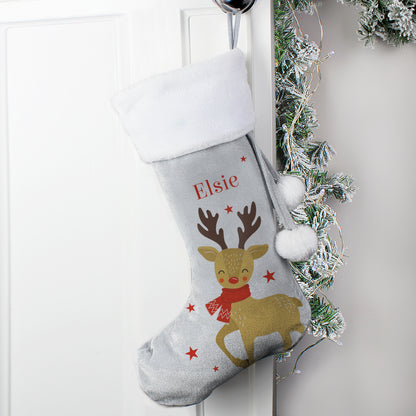 Personalised Reindeer Silver Grey Stocking