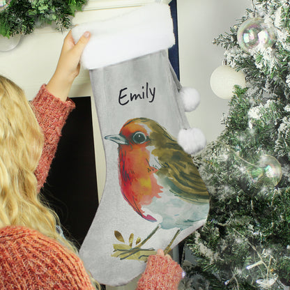 Personalised Robin Silver Grey Stocking