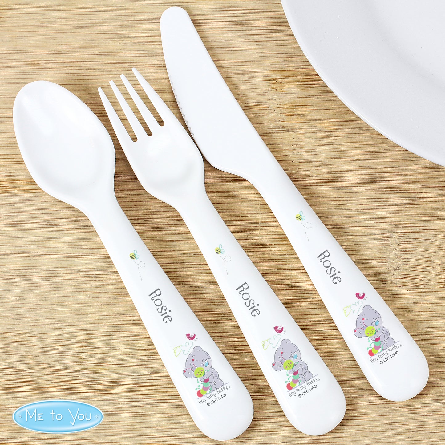 Personalised Tiny Tatty Teddy Cuddle Bug 3 Piece Plastic Cutlery Set