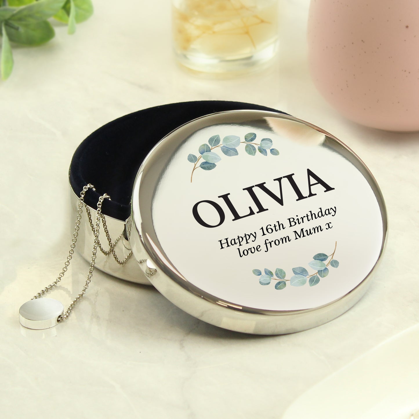 Personalised Botanical Round Trinket Box