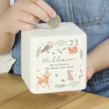 Personalised Woodland Animals Ceramic Square Money Box