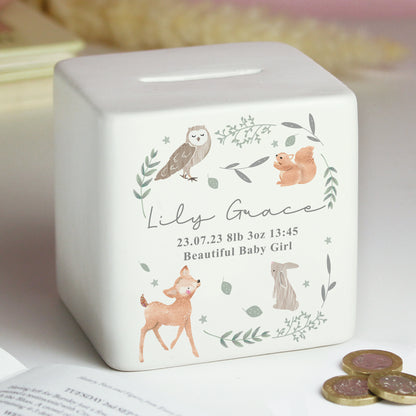 Personalised Woodland Animals Ceramic Square Money Box