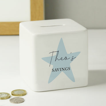 Personalised Blue Star Ceramic Square Money Box