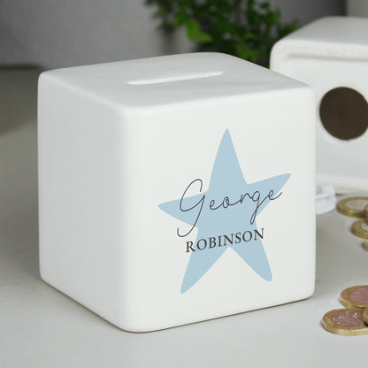 Personalised Blue Star Ceramic Square Money Box