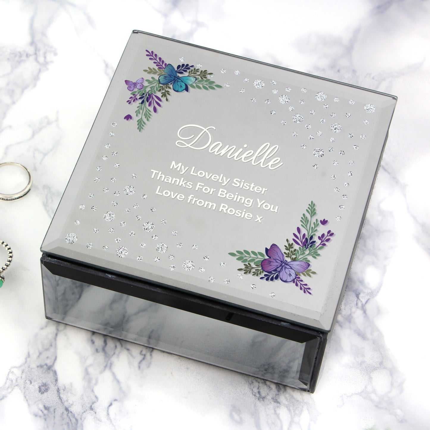 Personalised Floral Butterfly Diamante Glass Trinket Box