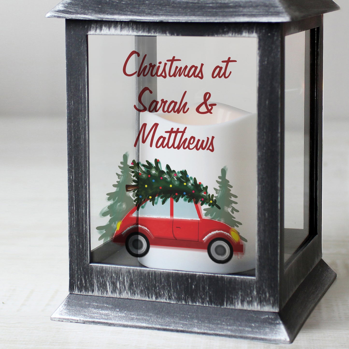 Personalised 'Driving Home For Christmas' Rustic Black Lantern