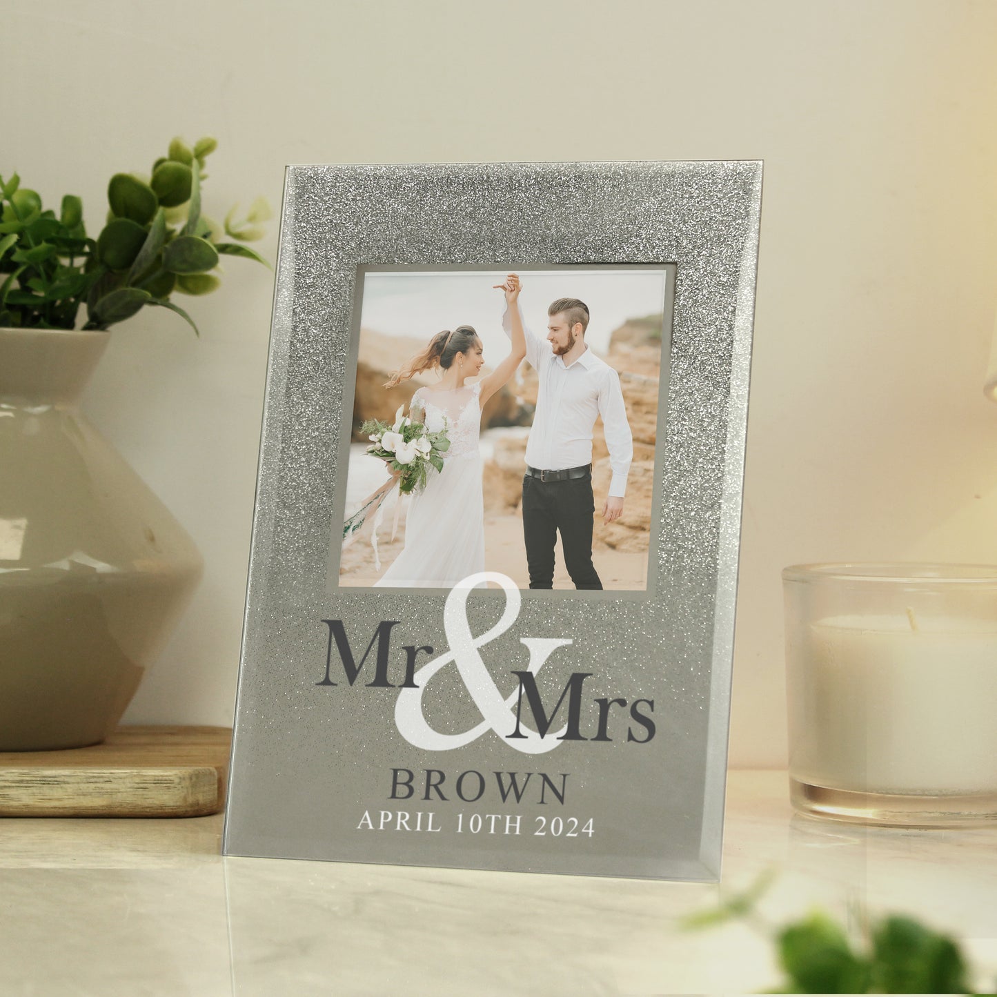 Personalised Mr & Mrs 4x4 Glitter Glass Photo Frame