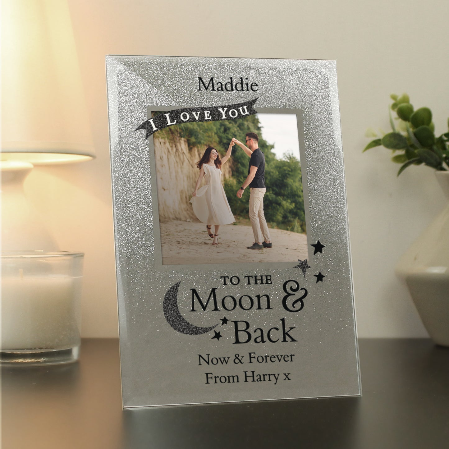 Personalised To the Moon and Back 4x4 Glitter Glass Photo Frame