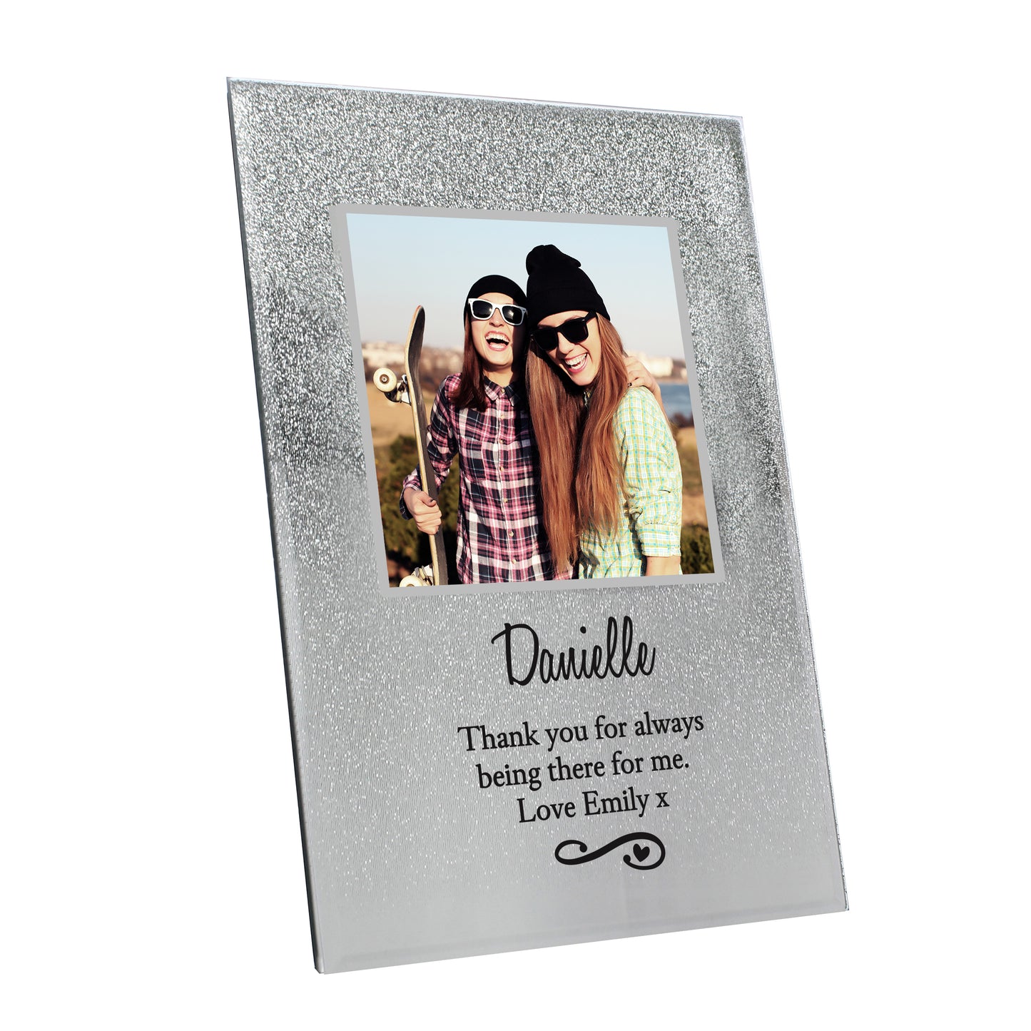 Personalised Heart & Swirl 4x4 Glitter Glass Photo Frame