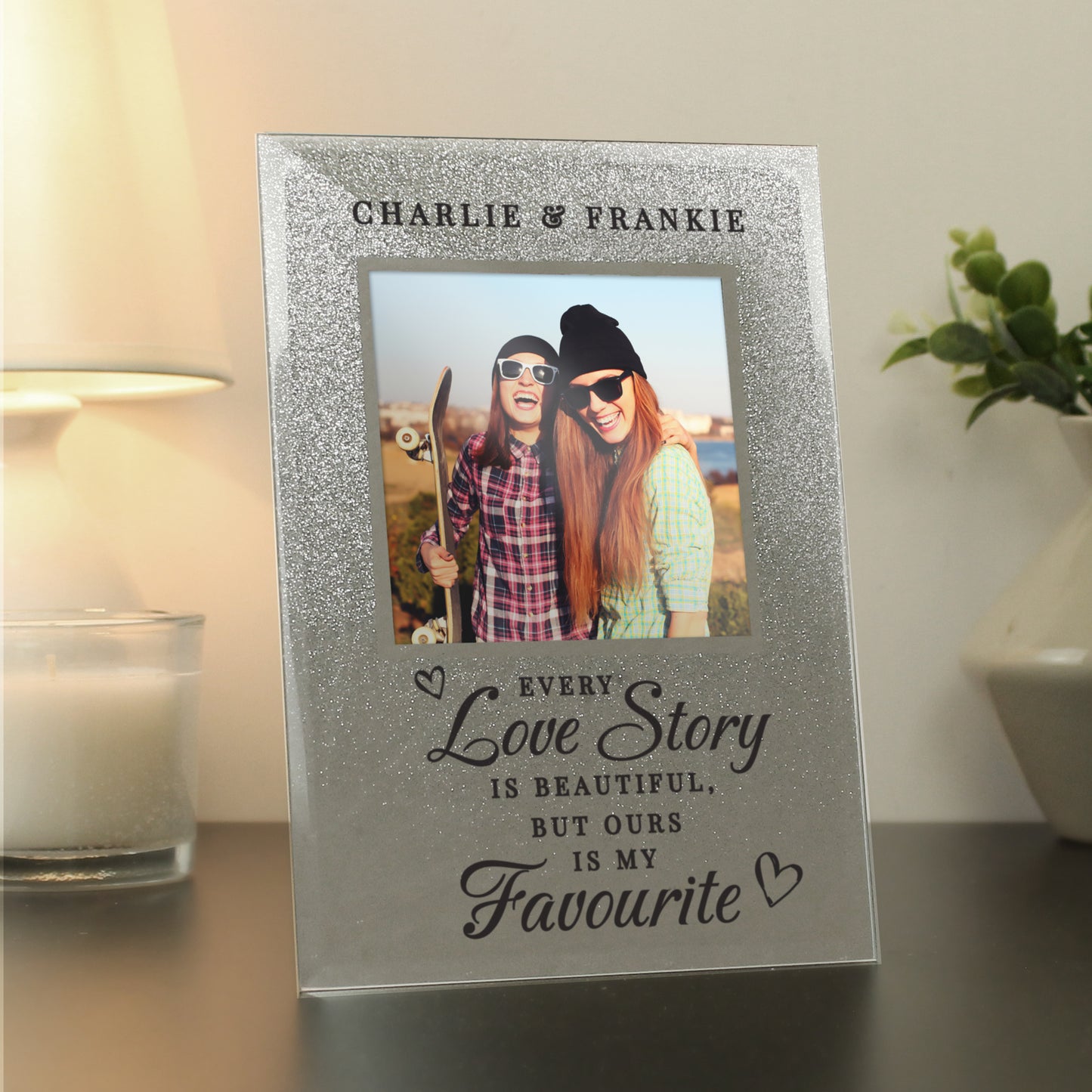 Personalised Every Love Story Is Beautiful 4x4 Glitter Glass Photo Frame