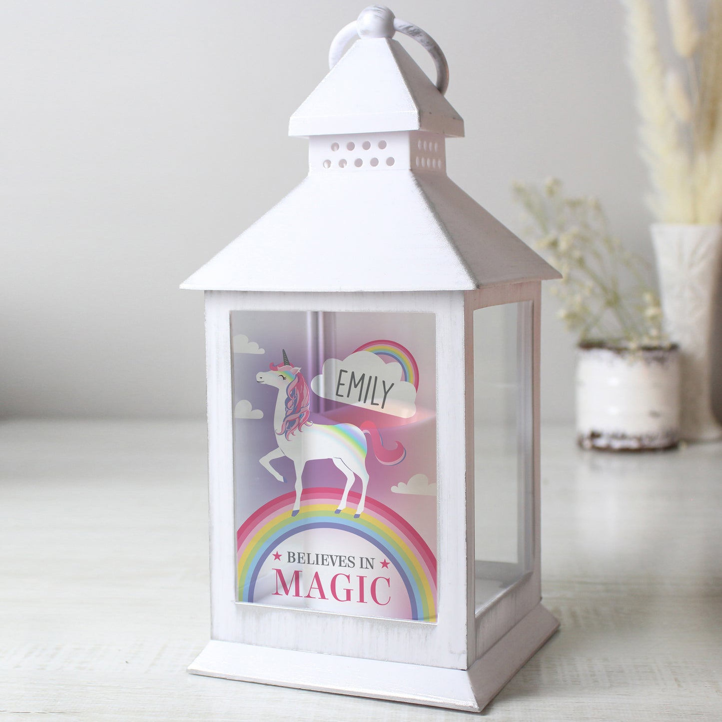 Personalised Unicorn Frost White Lantern