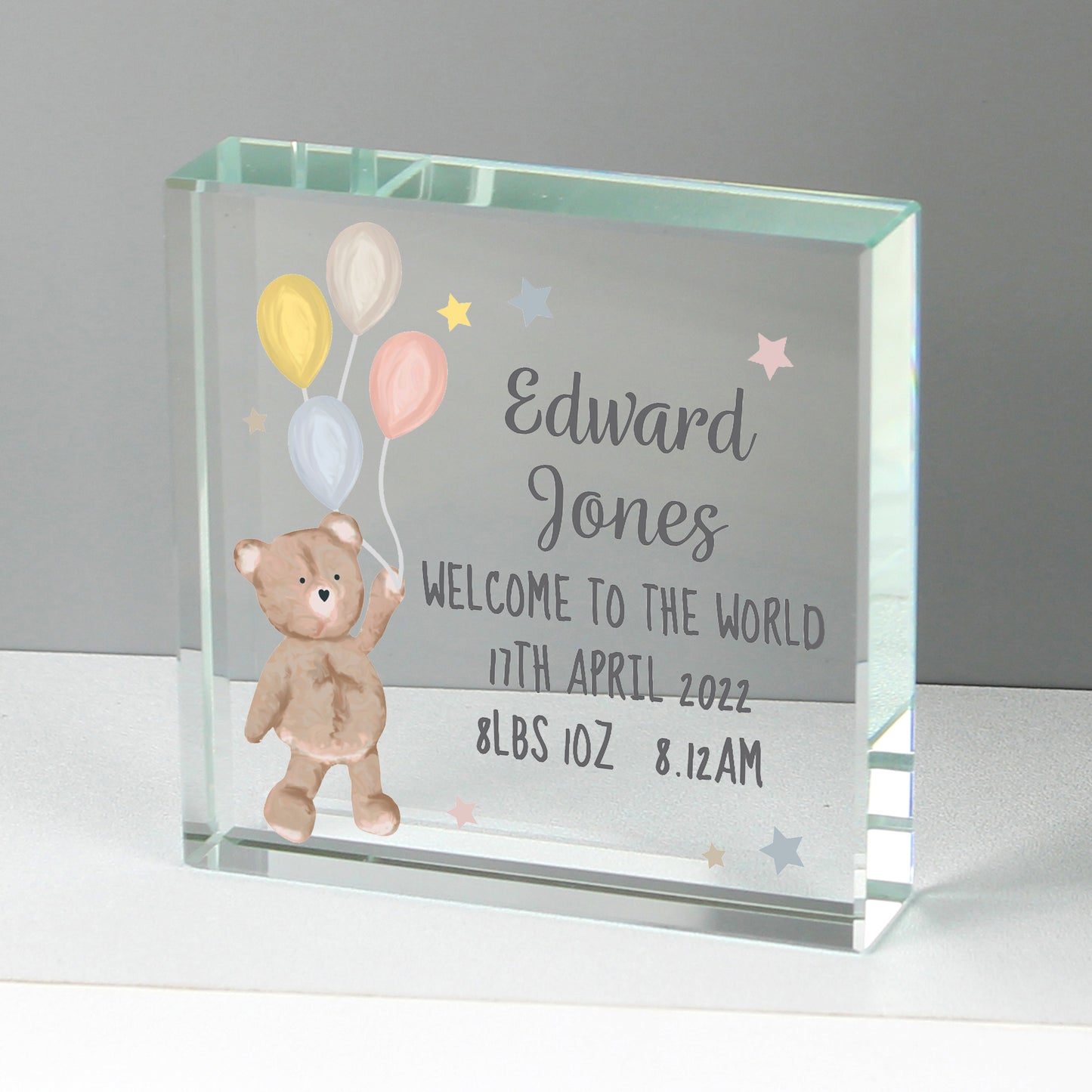 Personalised Teddy & Balloons Crystal Token