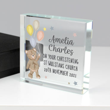 Personalised Teddy & Balloons Crystal Token