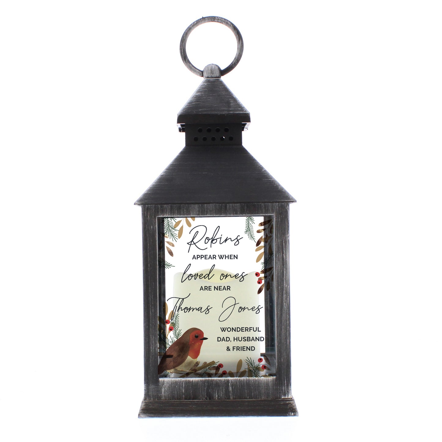 Personalised Robins Appear.. Memorial Black Lantern