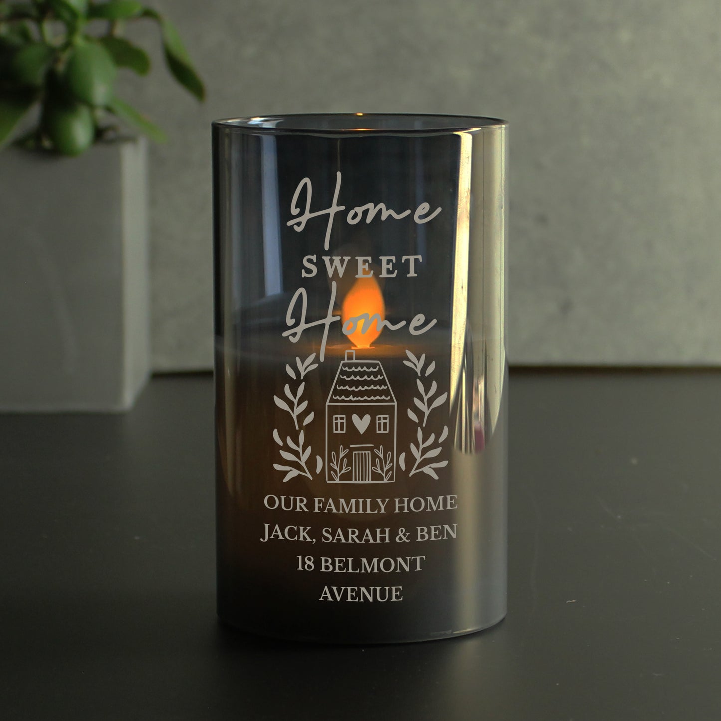 Personalised HOME Smoked Glass LED Candle