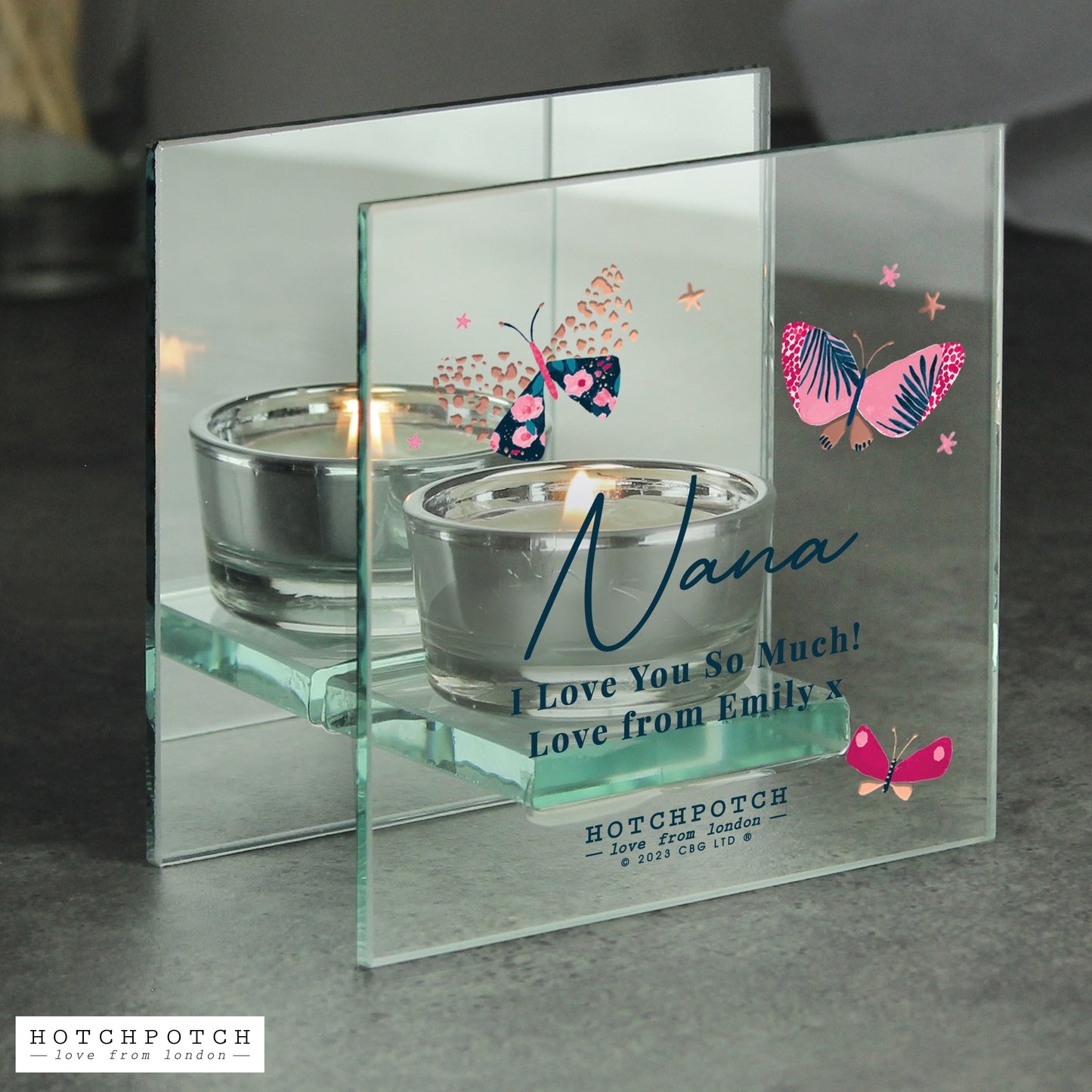 Personalised Hotchpotch Butterfly Mirrored Tealight Holder