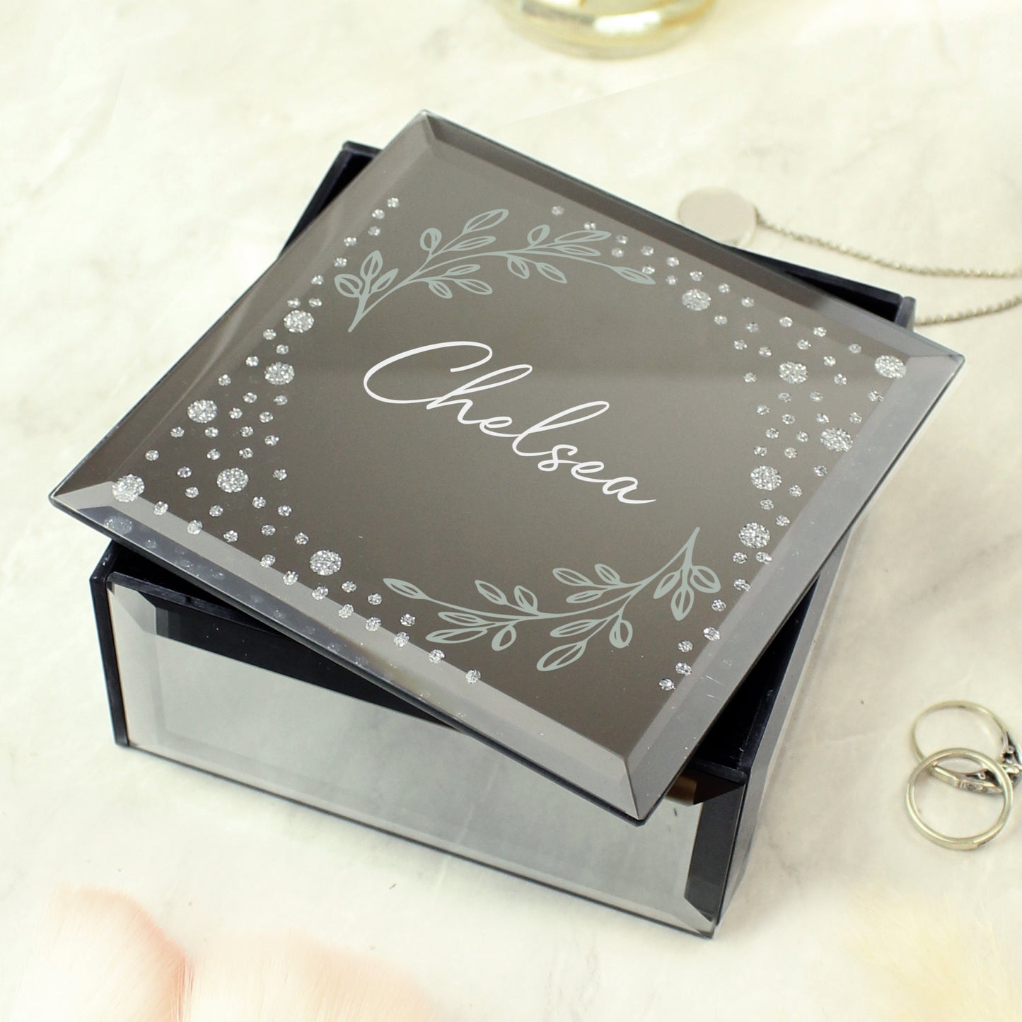 Personalised Botanical Diamante Mirrored Trinket Box