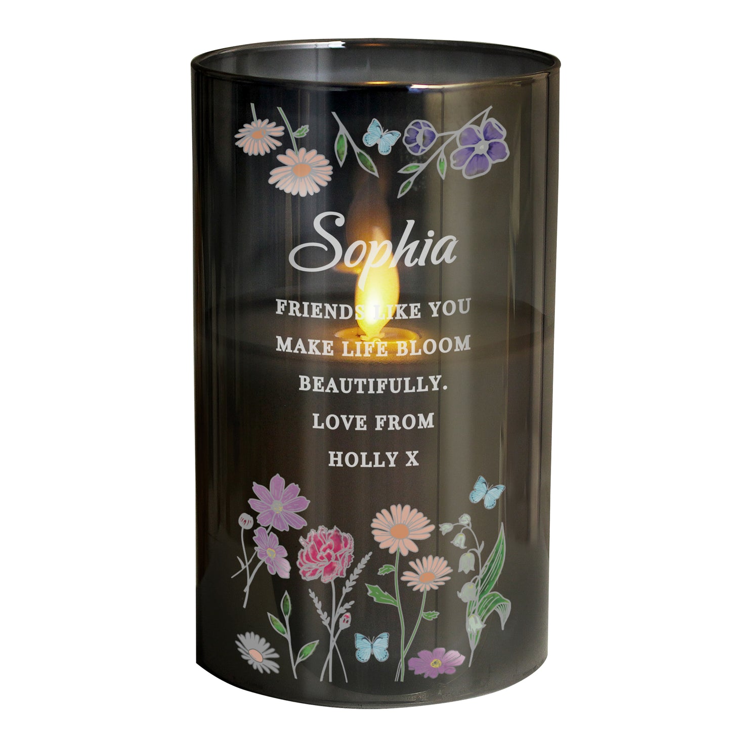 Personalised Wild Flowers Smoked Glass LED Candle