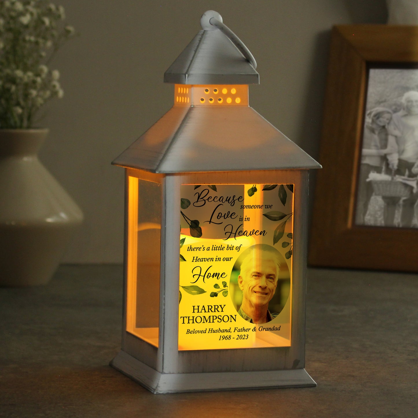 Personalised Botanical Memorial Photo Upload White Lantern