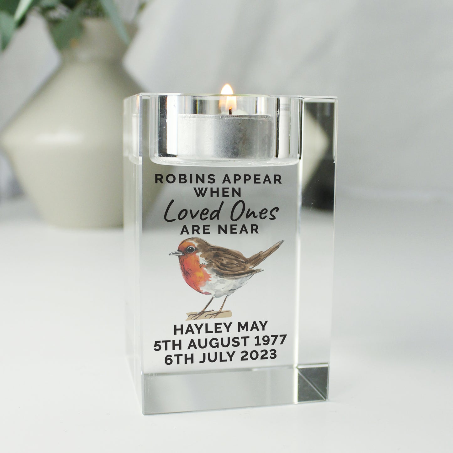 Personalised Robin Memorial Glass Tealight Holder