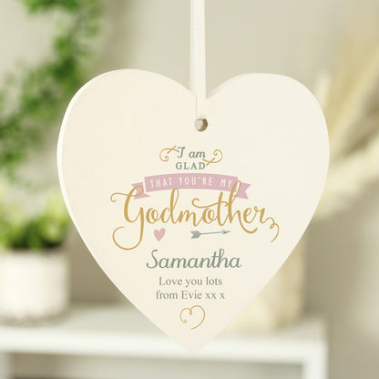 Personalised I Am Glad... Godmother Wooden Heart Decoration