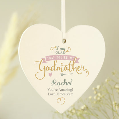 Personalised I Am Glad... Godmother Wooden Heart Decoration