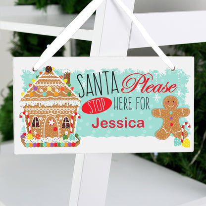 Personalised Gingerbread House Santa Stop Here Wooden Sign