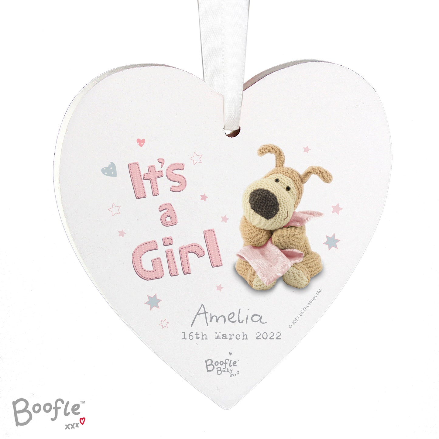 Personalised Boofle It's a Girl Wooden Heart Decoration