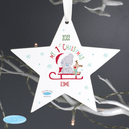 Personalised Tiny Tatty Teddy My 1st Christmas Sleigh Wooden Star Decoration