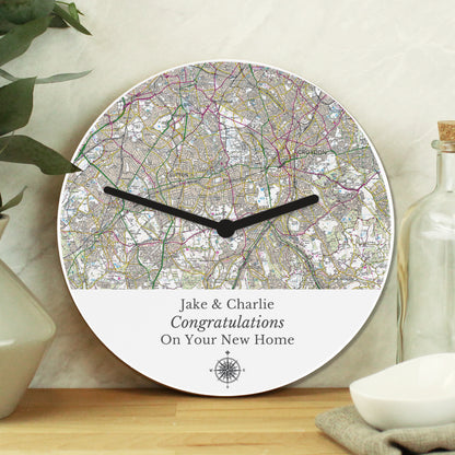 Personalised Present Day Map Compass Wooden Clock