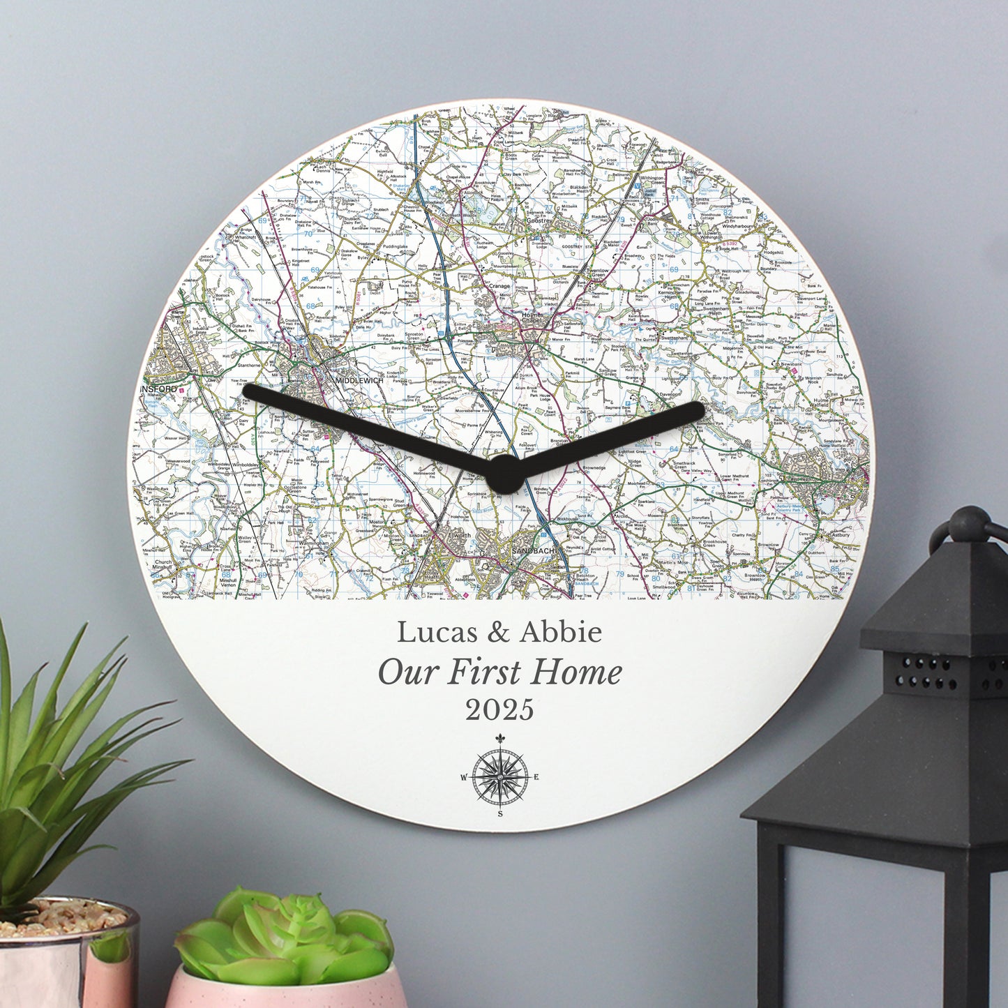 Personalised Present Day Map Compass Wooden Clock