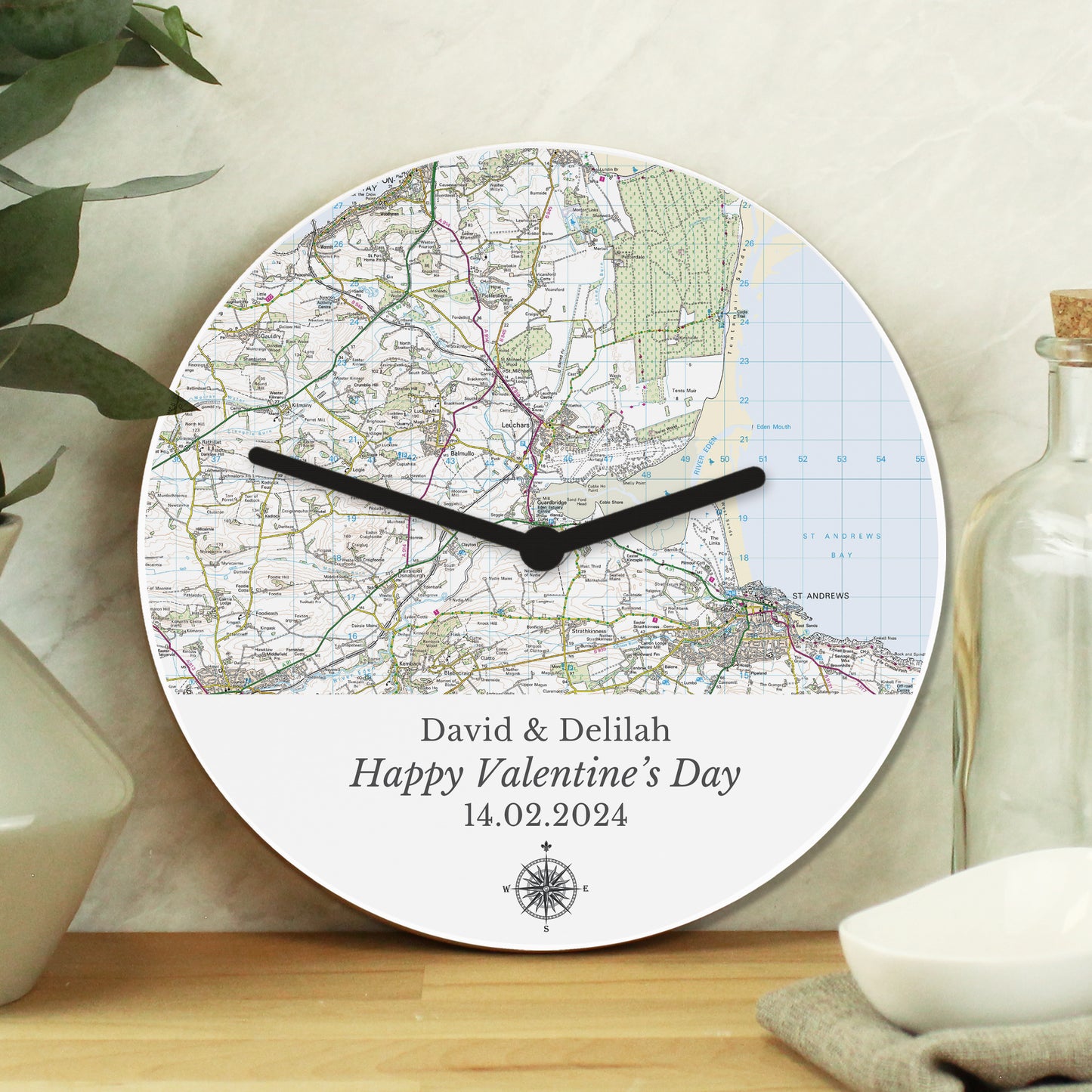 Personalised Present Day Map Compass Wooden Clock