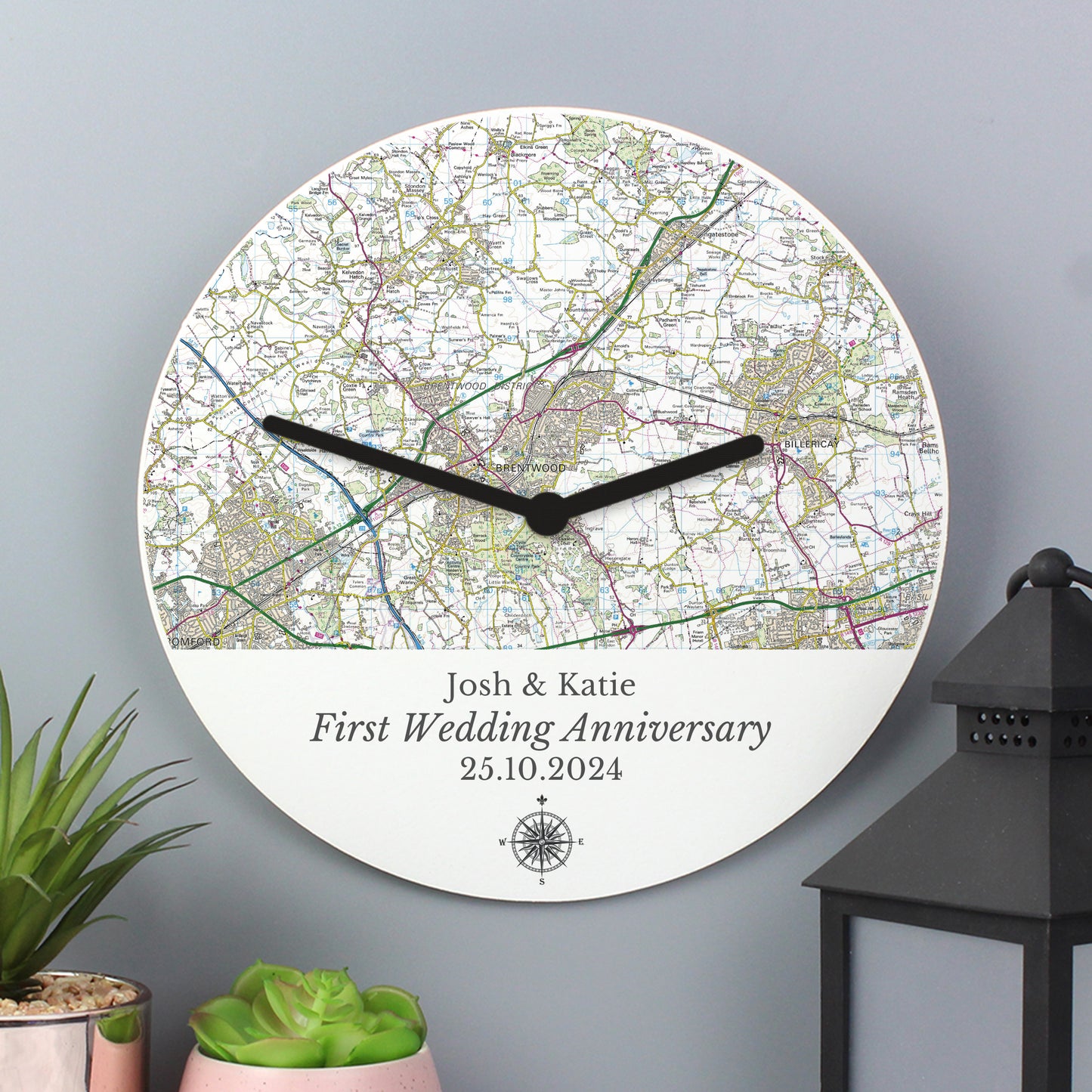 Personalised Present Day Map Compass Wooden Clock