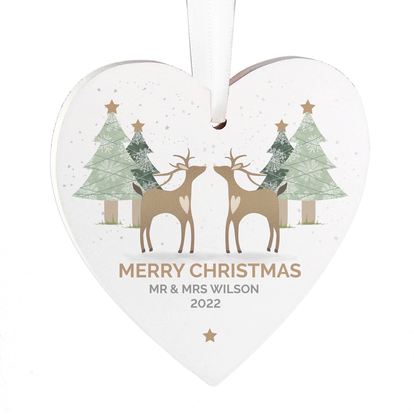 Personalised Reindeer Couple Wooden Heart Decoration