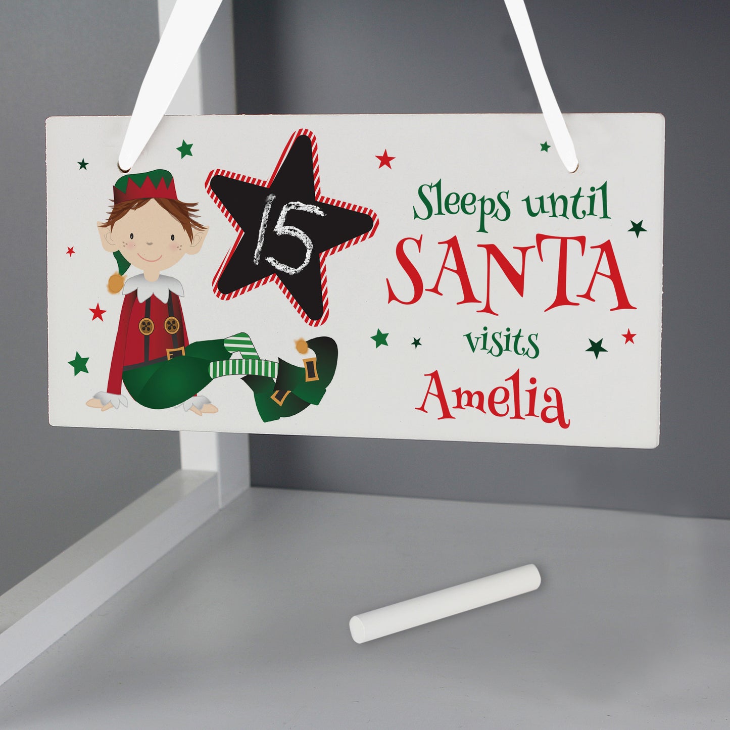 Personalised Elf Christmas Chalk Countdown Wooden Sign