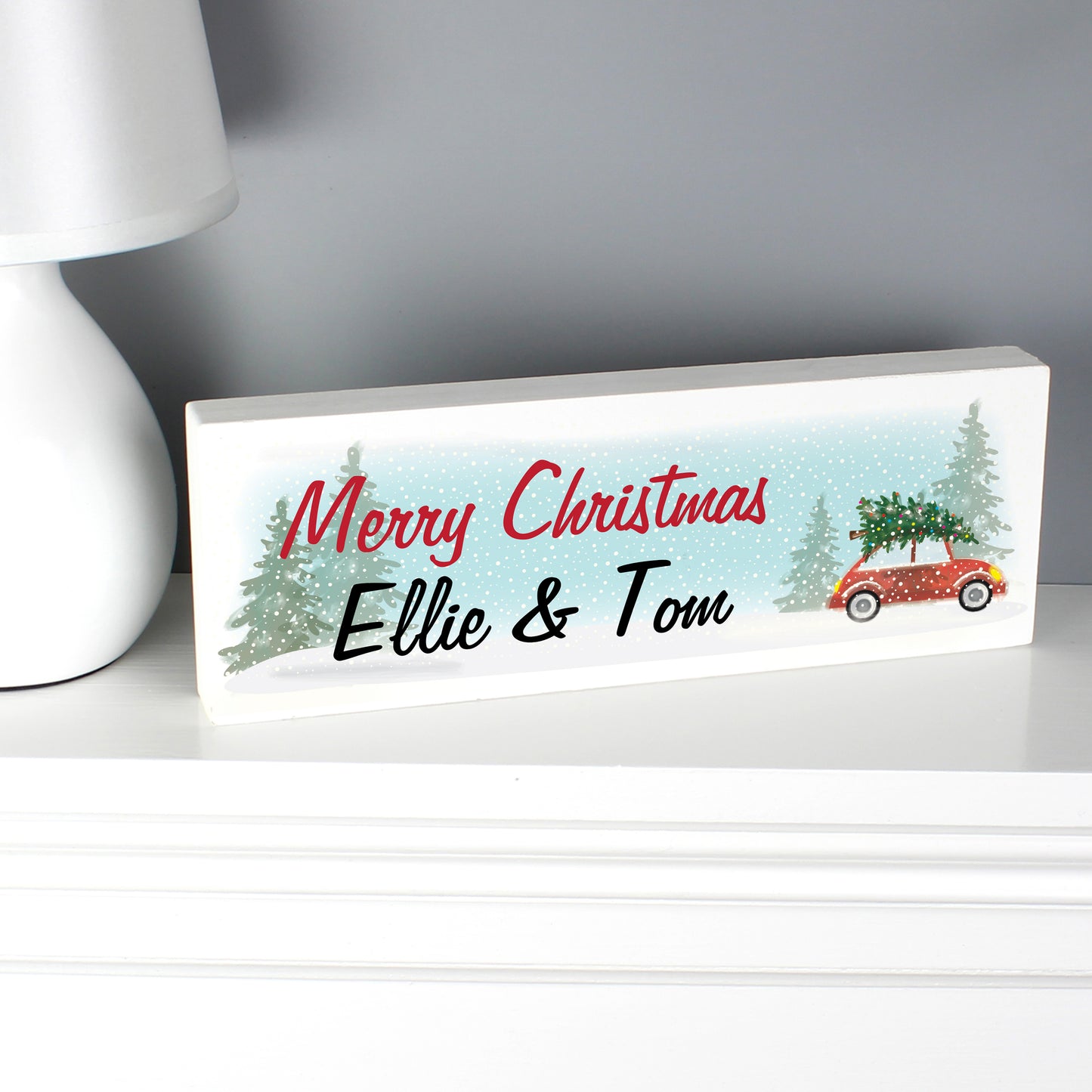 Personalised Driving Home For Christmas Wooden Mantel Decoration