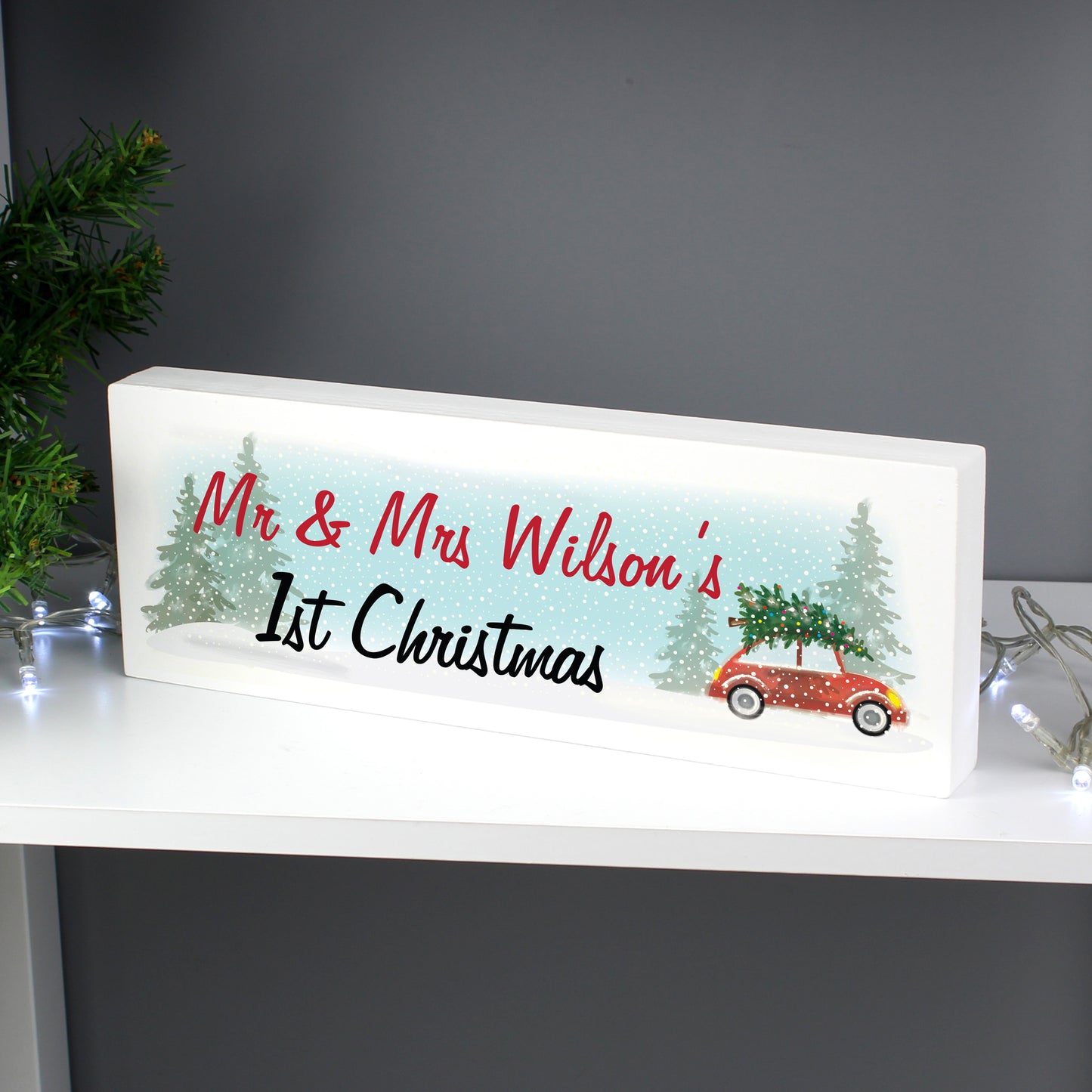 Personalised Driving Home For Christmas Wooden Mantel Decoration